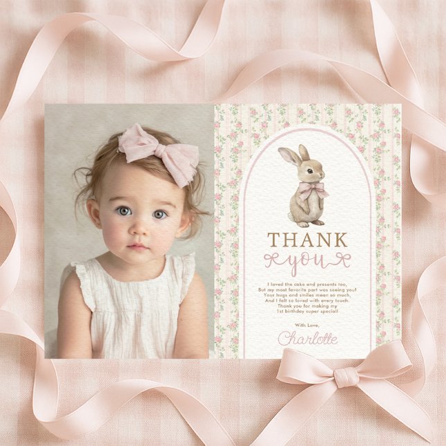 Blush Vintage Bunny Pink Bow Birthday Girl Dankeskarte (Von Creator hochgeladen)