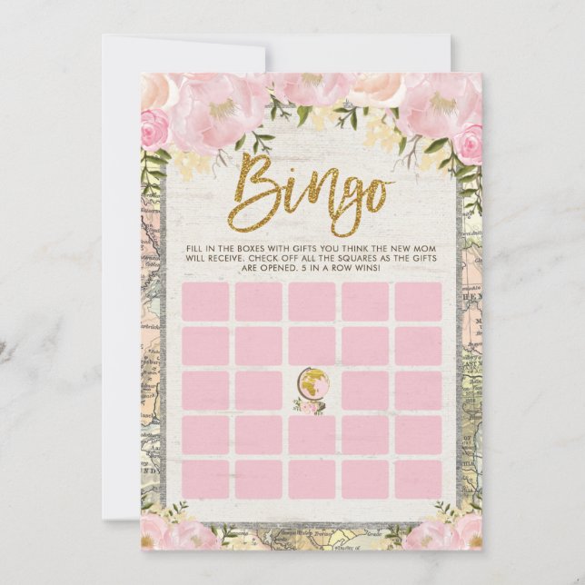 Blush Vintage Travel Bingo Baby Showspielkarte Einladung (Vorderseite)