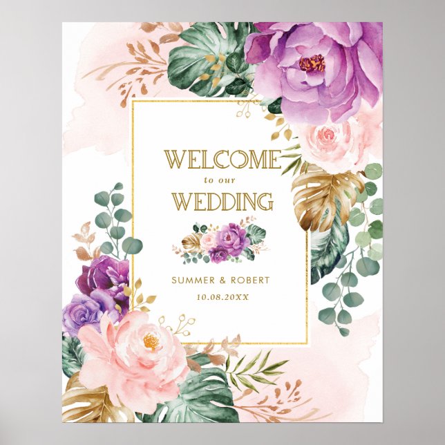 Blush Violet Tropische Blumengrün Hochzeit Poster (Vorne)