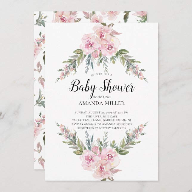 Blush Wassercolor Bloral Baby Dusche Einladung (Vorne/Hinten)