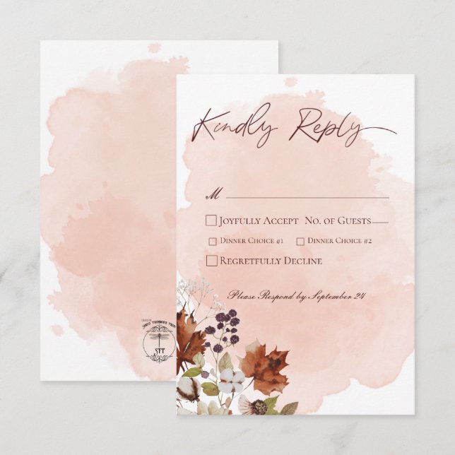 Blush Wasserfarbe Herbst Moderne RSVP Karte (Vorne/Hinten)