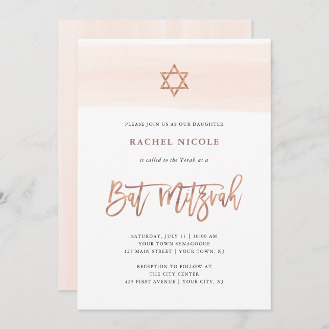 Blush Wasserfarbe | Imitate Rose Gold Bat Mitzvah Einladung (Vorne/Hinten)