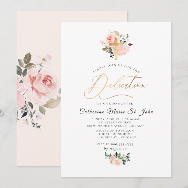 Blush Watercolor Blume Imitats Gold Dedication Einladung (Vorne/Hinten)