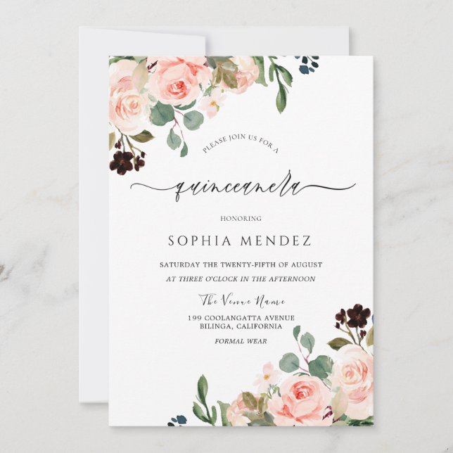 Blush Watercolor Blumen Moderne Hochzeit Quinceane Einladung (Vorderseite)