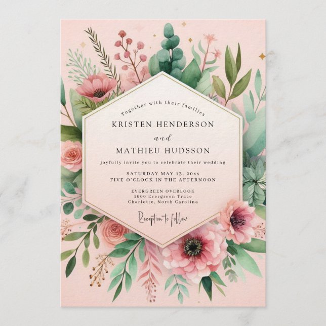 Blush Watercolor Meadow Wedding Einladung (Vorderseite)