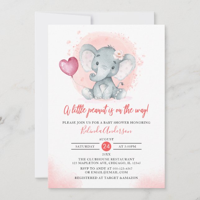 Blush Watercolor Niedlich Girl's Elephant Baby Sho Einladung (Vorderseite)