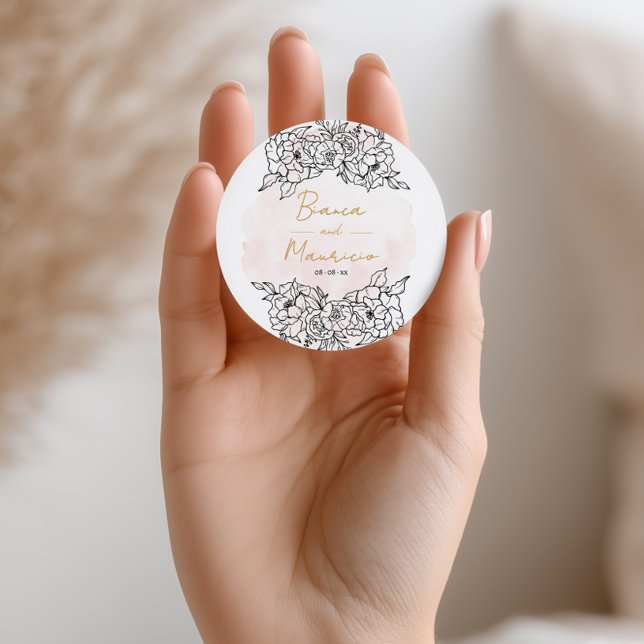 Blush Watercolor with Elegant Black Floral Runder Aufkleber (Blush Watercolor with Elegant Black Floral Classic Round Sticker)