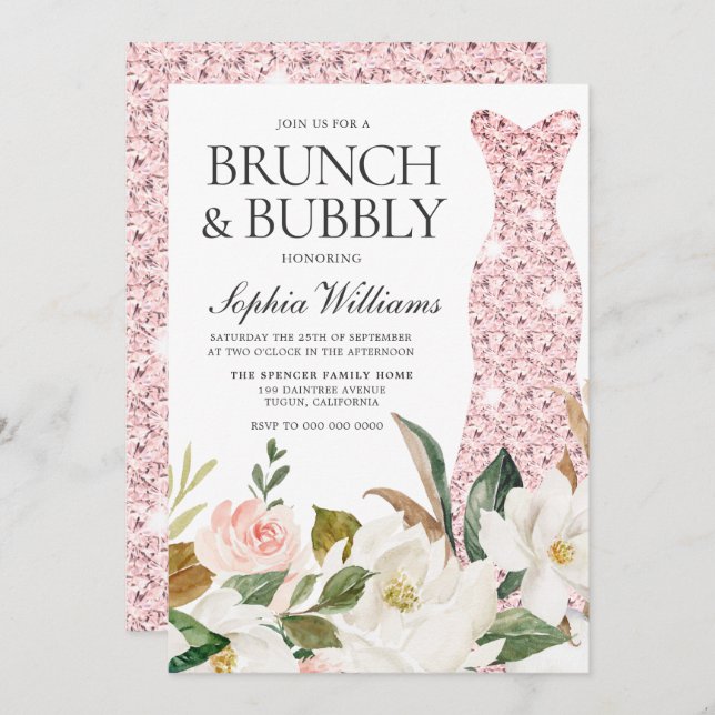 Blush Wedding Dress Brautparty Brunch & Bubbly Einladung (Vorne/Hinten)