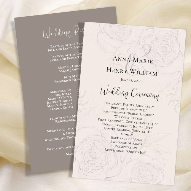 Blush Wedding Program Elegante Flora (Elegant calligraphy script Wedding double-sided program. )