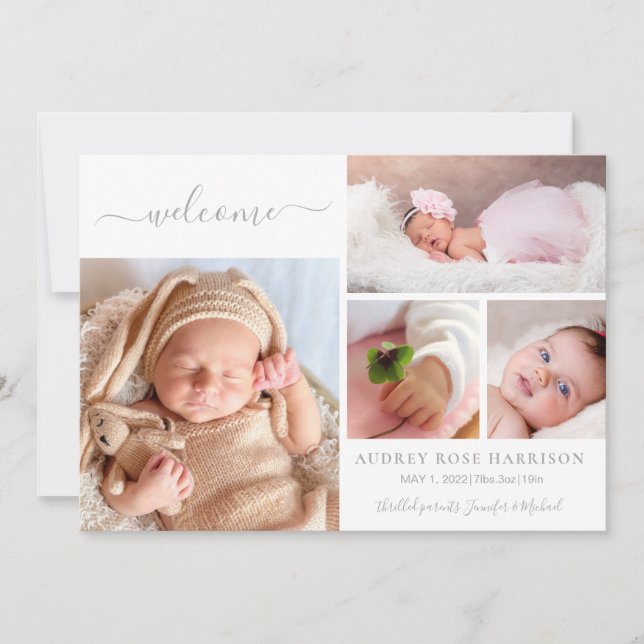 Blush Welcome Baby Girl Foto Collage Birth Ankündigung (Vorderseite)