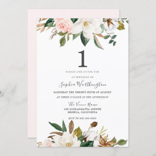 Blush & White Aquarellfarben Floral 1. Geburtstag  Einladung