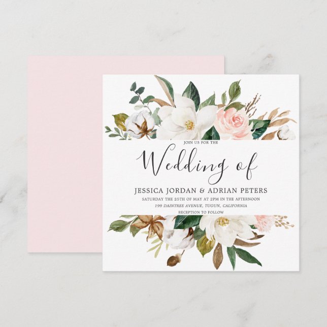 Blush & White Beautiful Blume Moderne Hochzeit Einladung (Vorne/Hinten)