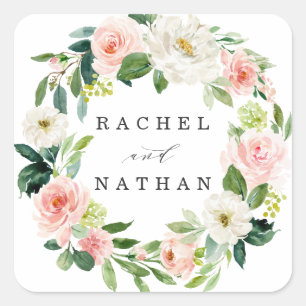 Blush White Bloom Bloral Wreath Wedding Quadratischer Aufkleber