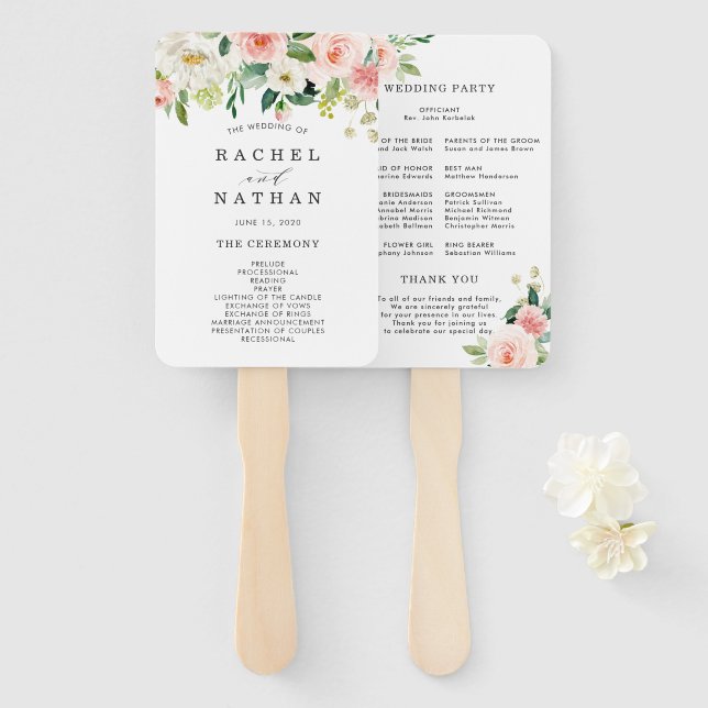 Blush White Bloom Floral Wedding Programm Fächer (Vorne und Hinten)