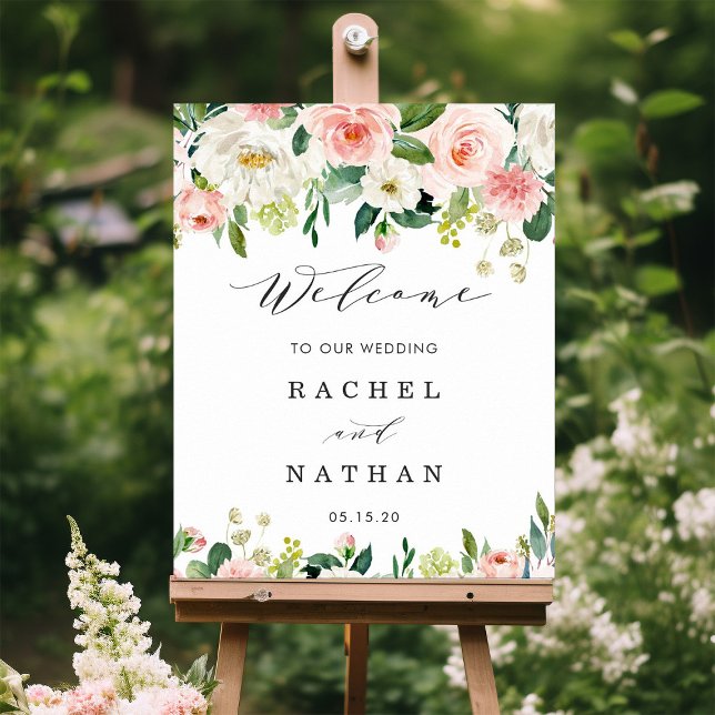Blush White Bloom Floral Wedding Willkommenszeiche Poster (Von Creator hochgeladen)