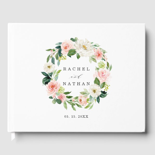 Blush White Bloom Floral Wreath Wedding Guestbook Gästebuch (Vorderseite)