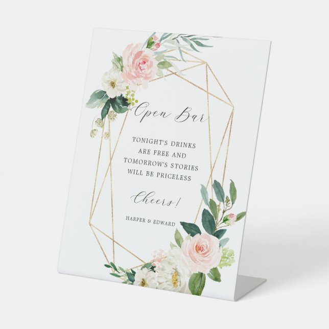Blush White Bloom Geometric Frame Open Bar Sockelschild (Vorderseite)