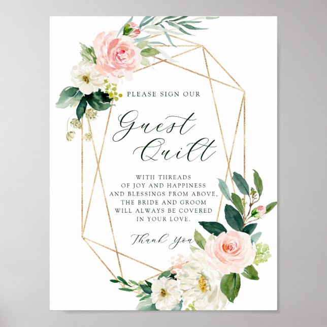 Blush White Bloom Gold Geometric Frame Guest Quilt Poster (Vorne)