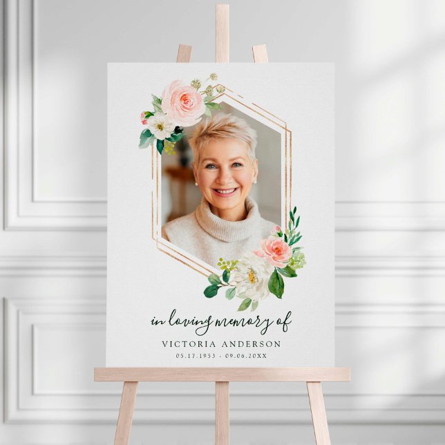 Blush White Bloom Gold Hexagon Begräbnis Willkomme Poster (Von Creator hochgeladen)
