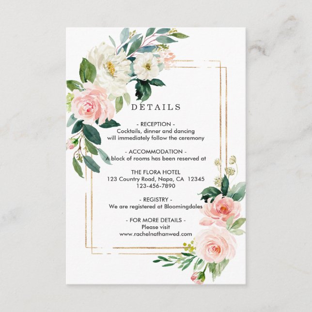 Blush White Bloom Gold Rahmen Hochzeitsdetails Begleitkarte (Vorderseite)