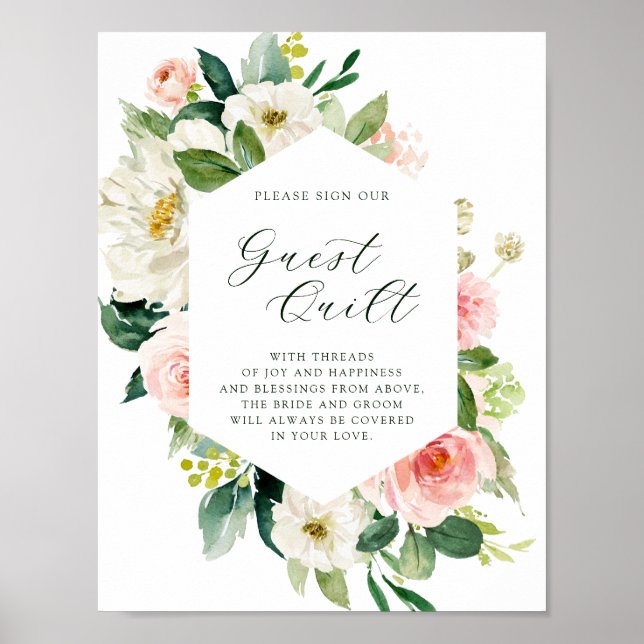 Blush White Bloom Hexagon Wedding Guest Quilt Sign Poster (Vorne)