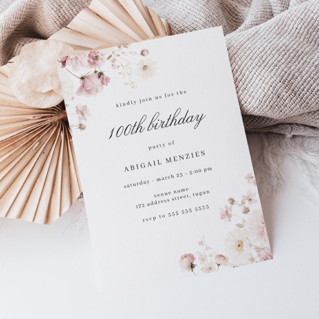 Blush & White Blume 100. Geburtstagsparty Einladung (Von Creator hochgeladen)