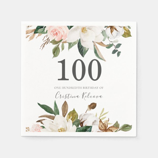 Blush & White Blume 100. Geburtstagsparty Serviette (Vorderseite)