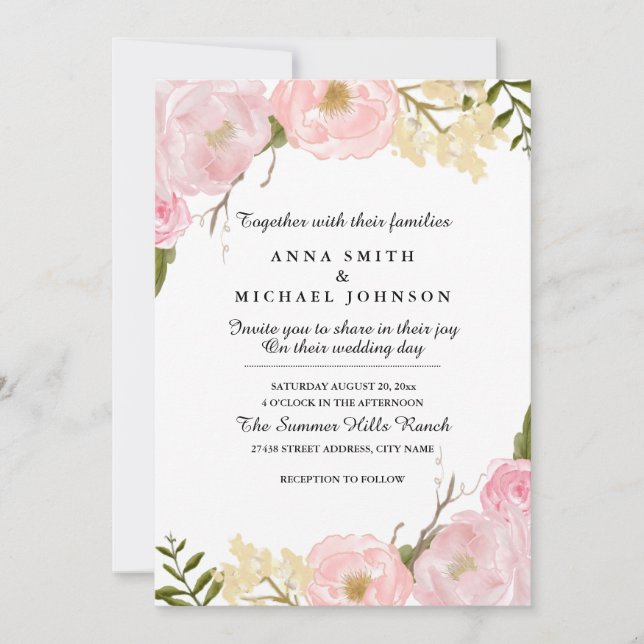 Blush White Botanical Floral Wedding Einladung (Vorderseite)