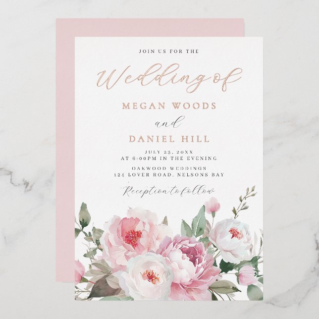 Blush & White Botanical Floral Wedding Rose Gold Folieneinladung (Vorderseite/Rückseite)