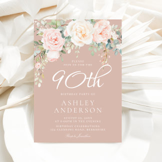 Blush & White Elegante Blumenparty zum 90. Geburts Einladung