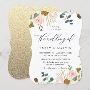 Blush & White Floral Gold Glitzer Hochzeit Einladung
