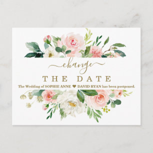 Blush White Floral Hochzeit verschoben Neuer Plan Postkarte
