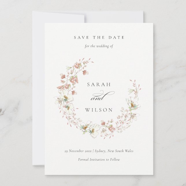 Blush White Floral Kranz Save the Date einladen Dankeskarte (Vorderseite)