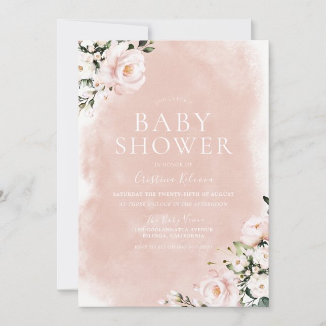 Blush & White Floral Watercolor Babydusche Einladung (Vorderseite)