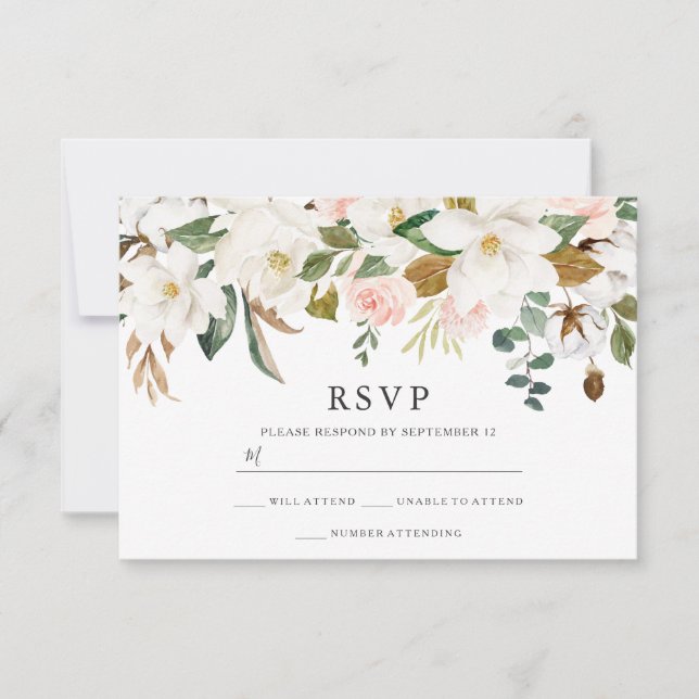 Blush & White Florals Elegante Moderne Hochzeit RSVP Karte (Vorderseite)