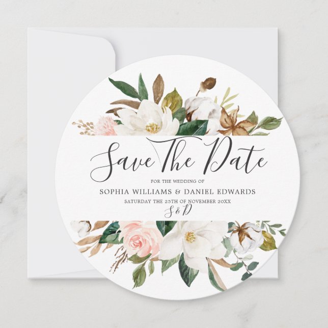 Blush & White Florals Elegante Moderne Hochzeit Save The Date (Vorderseite)