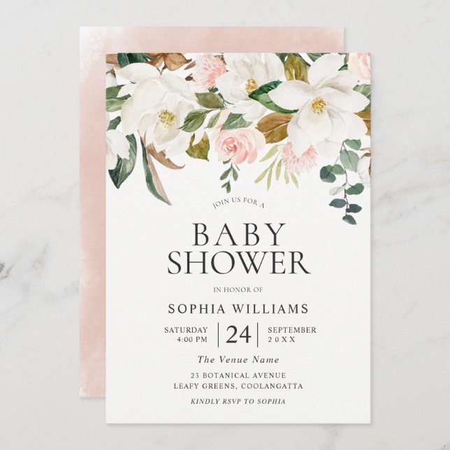 Blush & White Florals Schöne Babydusche Einladung (Vorne/Hinten)