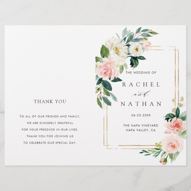 Blush White Gold Frame Folded Wedding Programm (Vorderseite)
