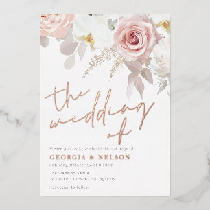 Blush & White Moderne Blumenhochzeit Folieneinladung
