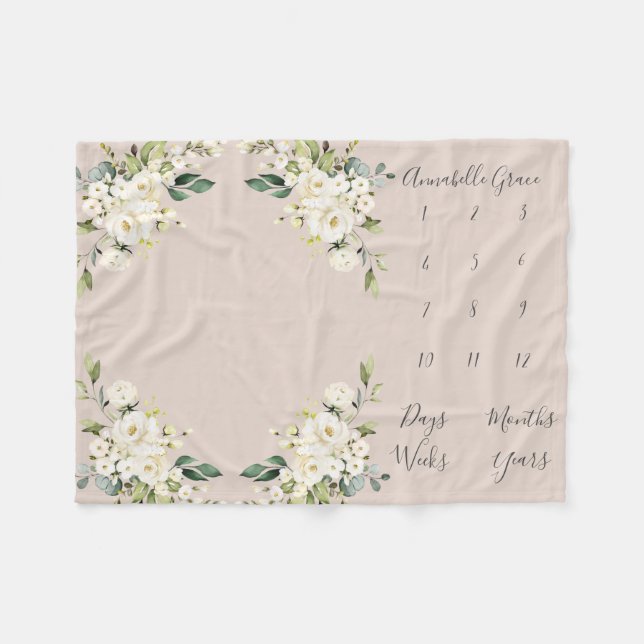 Blush White Rose Monthly Baby Milestone Fleecedecke (Vorderseite (Horizontal))