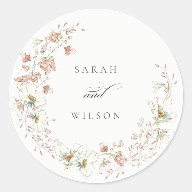Blush White Rustic Meadow Blumenzeremonie Runder Aufkleber (Vorderseite)