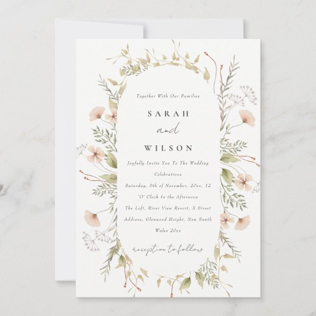 Blush Wildblume Blumenreath Einladung (Vorderseite)