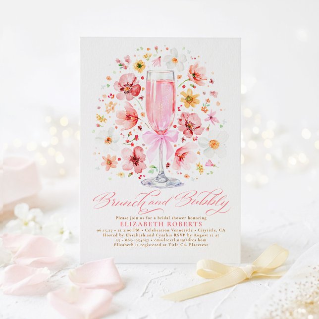 Blush Wildflower Brunch and Bubbly Bridal Shower Einladung (Blush Pink Watercolor Flowers Brunch and Bubbly Bridal Shower Invitations)