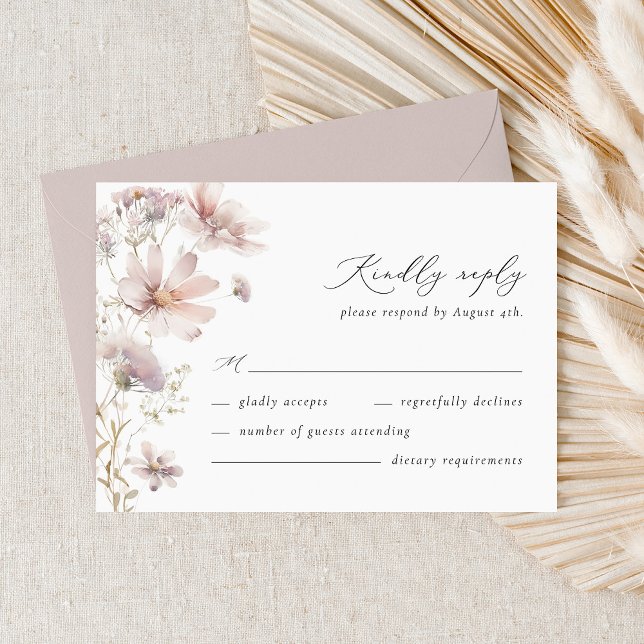 Blush Wildflower Floral Boho Wedding RSVP Card (Blush wildflower wedding RSVP card with elegant script typography and soft floral design)