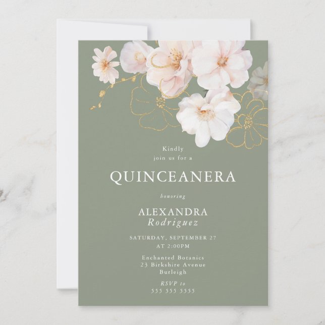  Blush Wildflowers Elegant Sage Quinceanera Einladung (Vorderseite)
