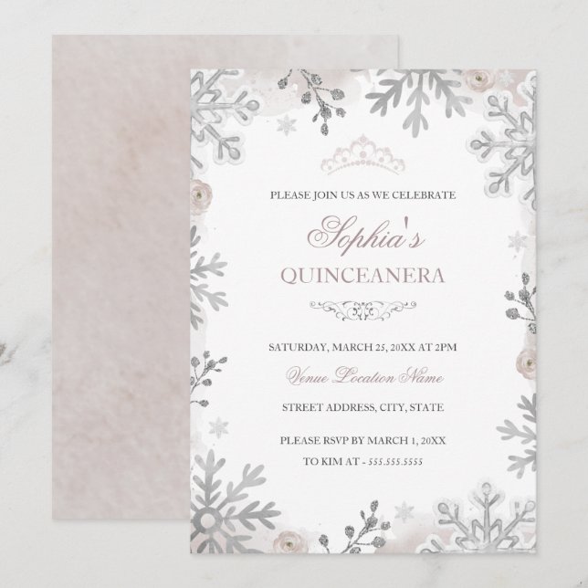 Blush Winter Wonderland Quinceanera Einladung (Vorne/Hinten)