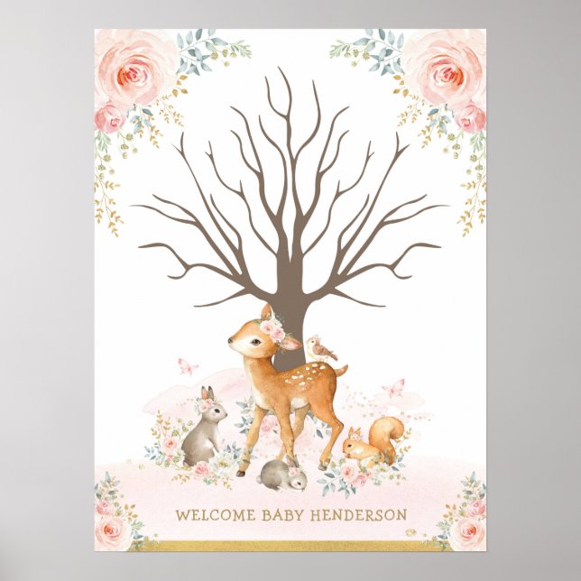 Blush Woodland Animals Baby Thumbprint Guestbook Poster (Vorne)