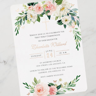 Blush-Wreath-Rose Gold Cross Erste Kommune Folieneinladung