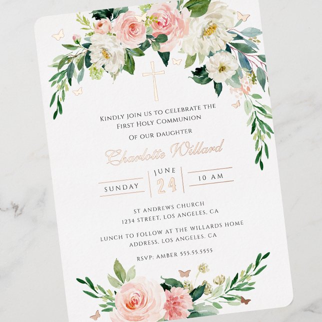 Blush-Wreath-Rose Gold Cross Erste Kommune Folieneinladung (Von Creator hochgeladen)