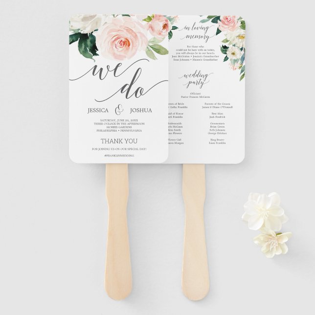 Blushing Blooms Hochzeitsprogramm Fan Love Memory Fächer (Vorne und Hinten)